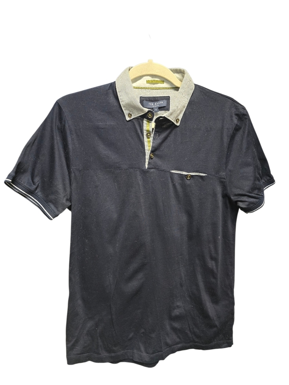 Ted Baker Men's Navy Polo with Green And Cream Contrast Collar Sz. 3 (M)